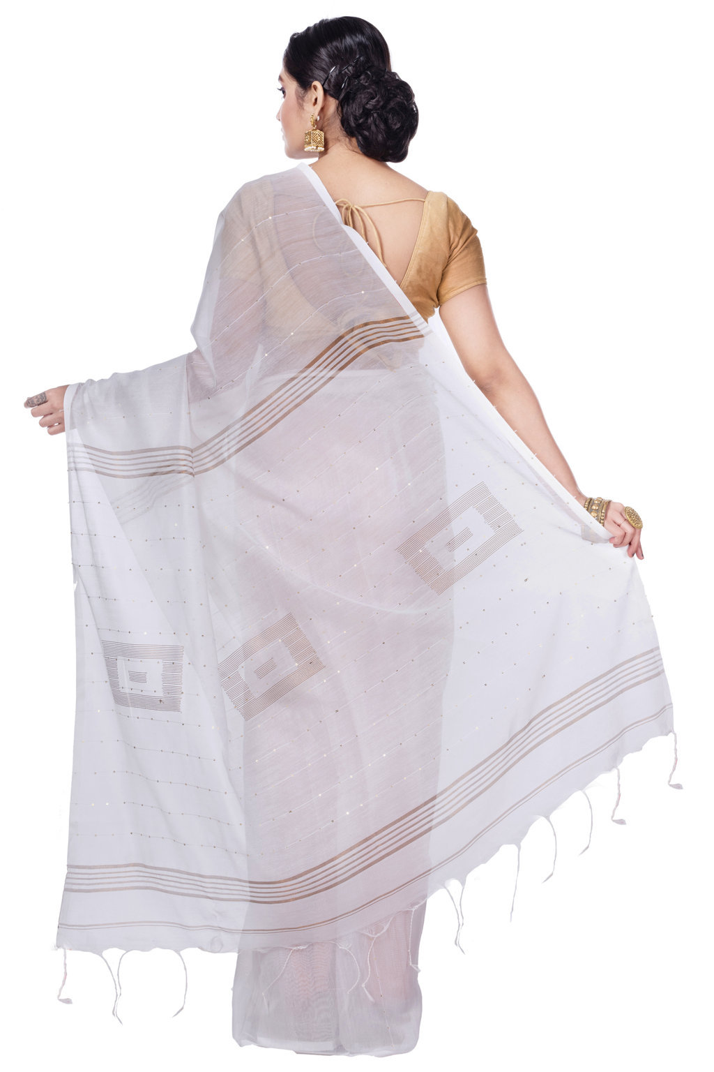 White Blended Cotton Sequence_Handloom Hand Loom Saree (470)
